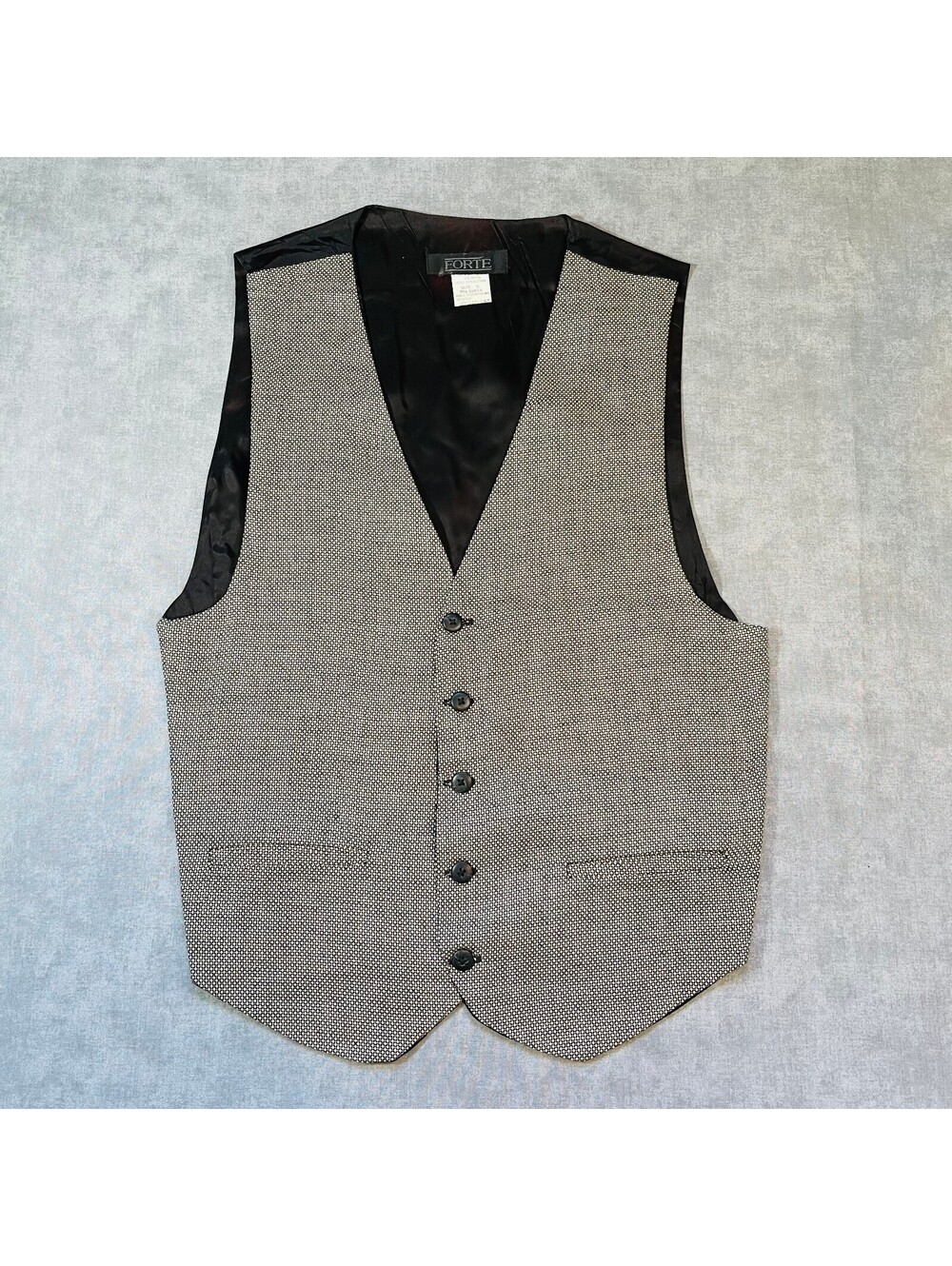 Forte Vintage Mens Small Black Tan Micro Pattern Suit Vest Cinch Back formal
